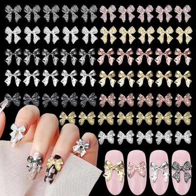 60 Pcs Metal Bow Nail Gems, 3D Alloy Bow Kont Nail Charms - 12 Styles Silver, Go