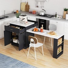 Kitchen Island w/ Extendable Dining Table, Storage Cabinets, Open Storage, Black