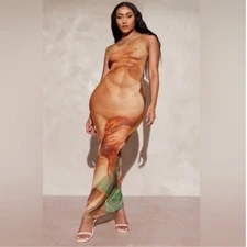 NWT Pretty Little Thing Shape Stone Body Print Mesh Maxi Dress. Sz 12.  NWT