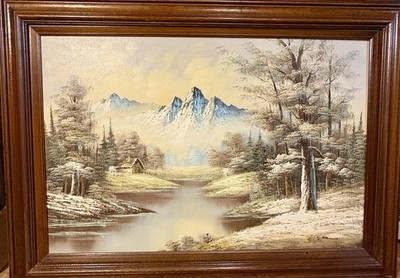 Vintage Mid Century Scenic Mountain River Landscape Oil Painting Signed