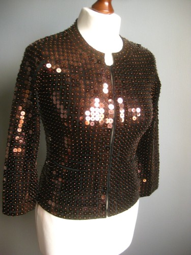 KAREN MILLEN gold JACKET 2 4 top sequins XS shiny metallic bolero bronze party - Picture 7 of 12