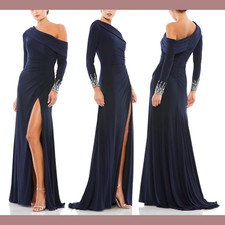 NWT$398 Mac Duggal [ 10 ] Bead Cuff Drop Shoulder Faux Wrap Gown Blue Q620
