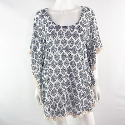 Eberjey White Kaftan Tunic Cover Up Size S/M Damask Print Boho