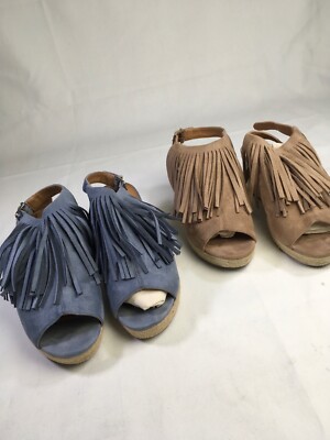 Fringe Wedge Heel Sandals 11M Tan & Blue Peep Toe Espadrille Style