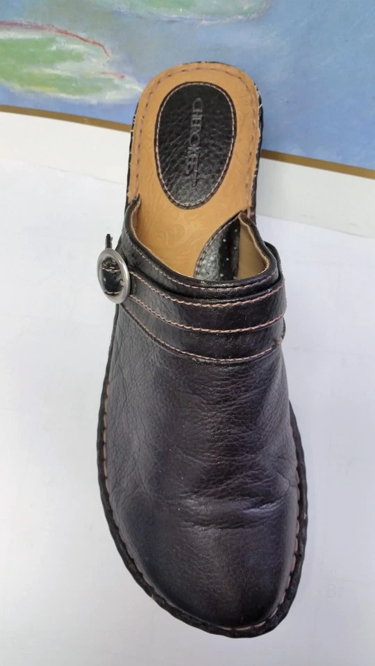 CHEROKEE MUJER TALLA 9 CUERO NEGRO MULAS ZUECOS TACONES Foto 2 de 4