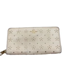 Coach Cream Colored Leather Gold Studded Zipper Wallet