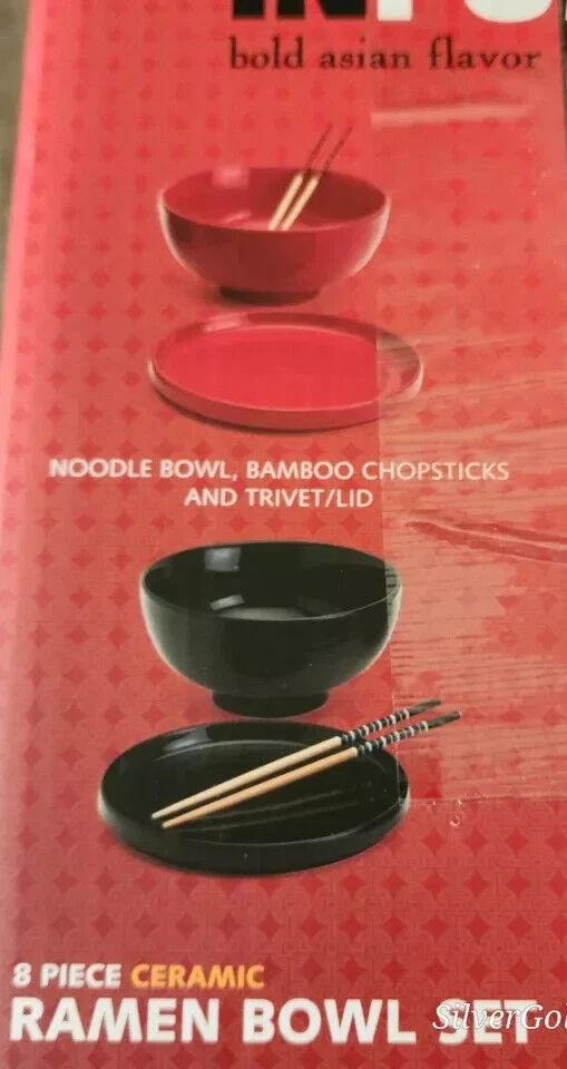 Juego de 2 cuencos de ramen asiático de cerámica INFUSE con tapas y 4 palillos de bambú negro y rojo Foto 2 de 4