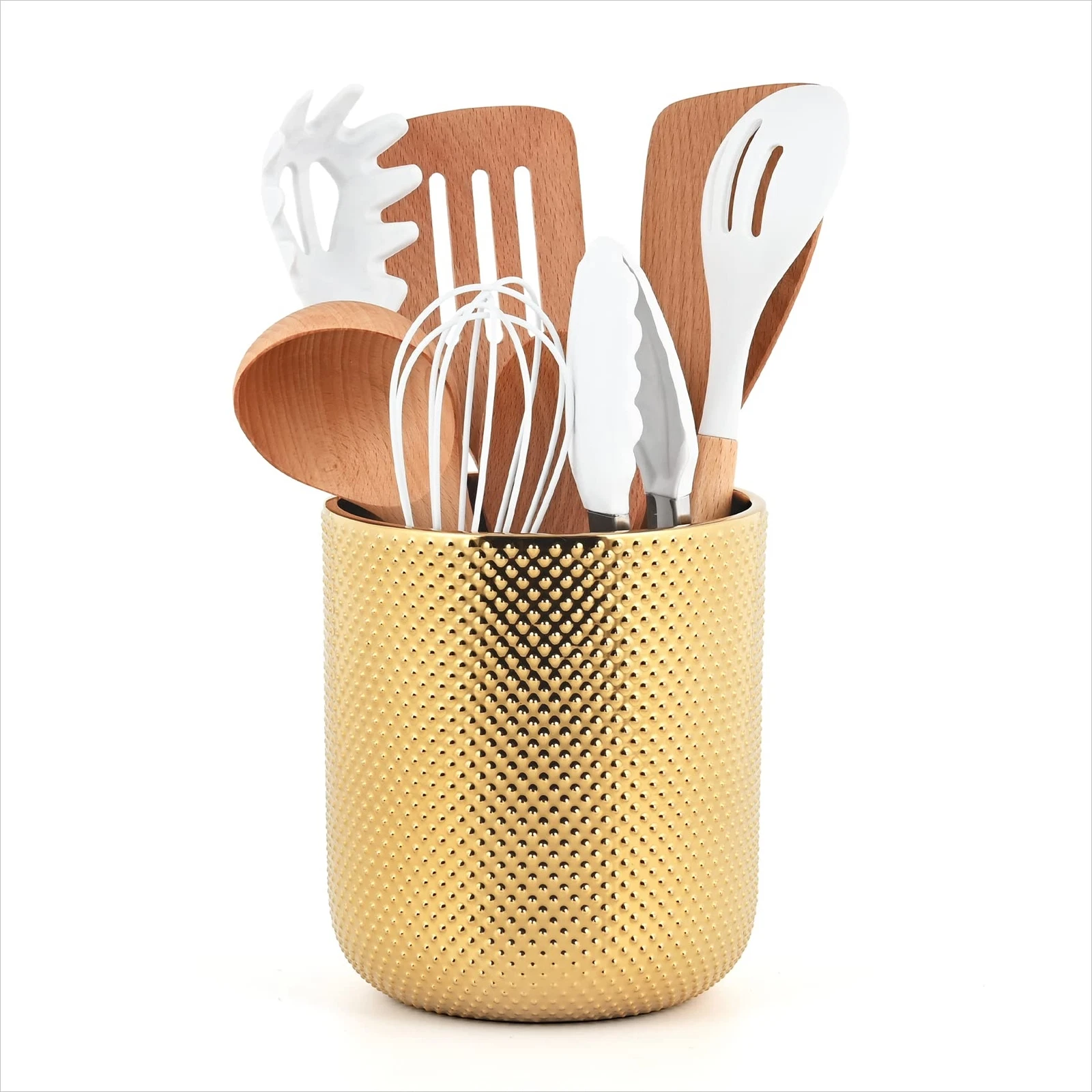 Ceramic Utensil Holder for Kitchen Counter Cooking Utensil Holder Gold Utensi...