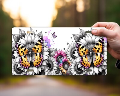 Butterflies and Gray Scale Sunflowers Front License Plate Car Accessory Vanity