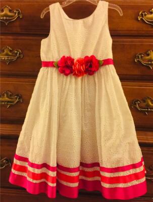 Girls Kids Sz 6 White Eyelet Fuchsia Trim Dress Spring Easter Summer Fully-Lined