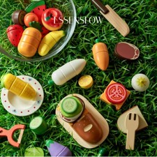 ESSENSLOW Kids' Wooden Pretend Play Kitchen Toy, Magnetic Wood Cutting Playset