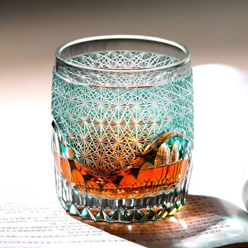 Edo Kiriko Crystal Whiskey Glasses Hand Cut To Clear Green 9oz Gift Packing - Picture 3 of 12