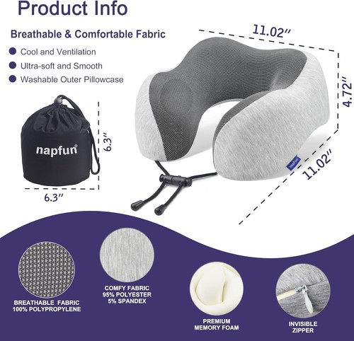 Travel Neck Pillow 100% Memory Foam – Portable Airplane Headrest – Light Grey - Picture 2 of 11