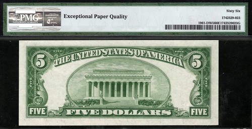 1950 $5 Cleveland WIDE II Federal Reserve Note FRN • 1961-D • PMG 66 EPQ - Picture 2 of 2
