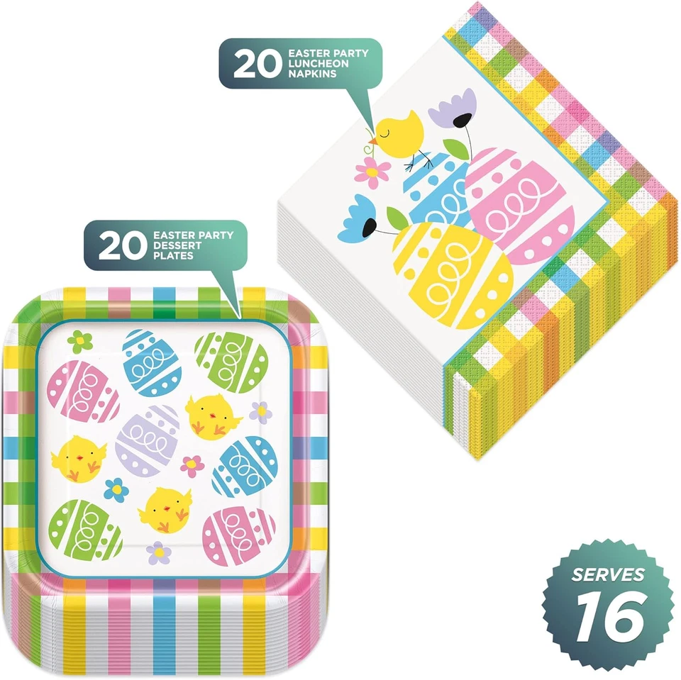 Lindos suministros para fiestas de Pascua - coloridos platos de postre de papel cuadrado a cuadros y almuerzo Foto 2 de 4