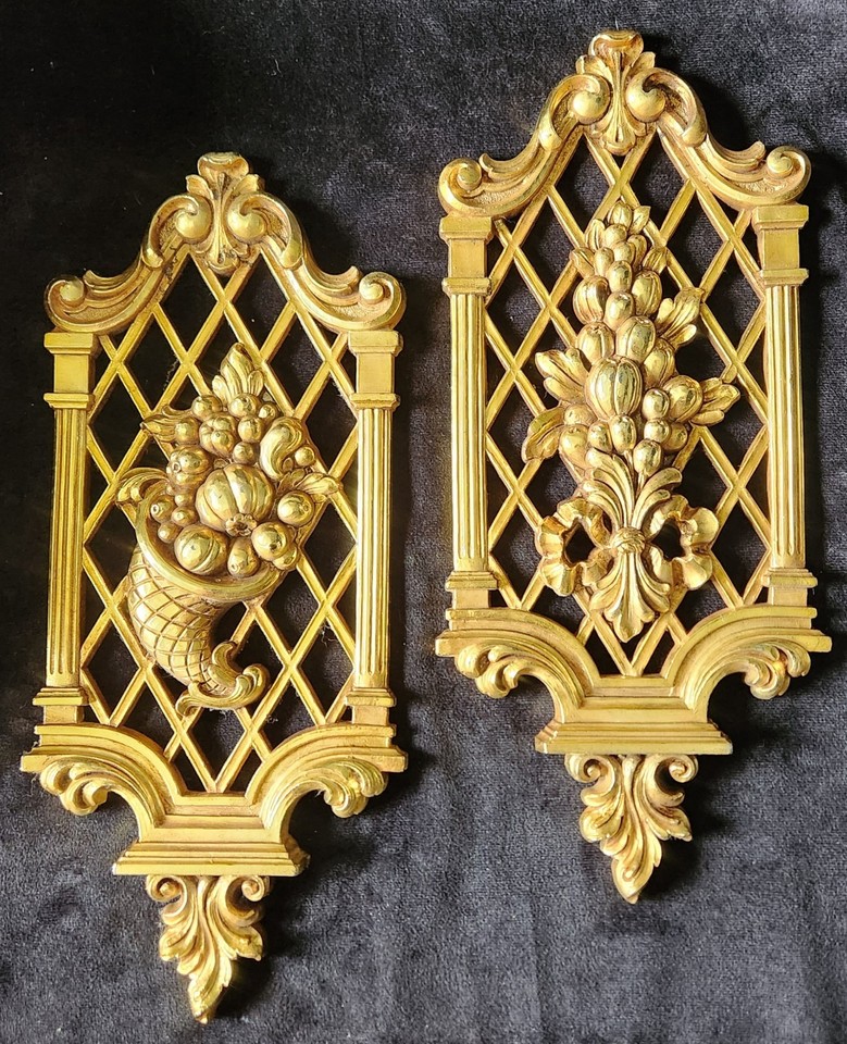 Genuine 1971 Homco Syroco gold lattice Hollywood Regency wall plaques — actual vintage USA-made kitsch that's having a serious interior design moment right now.