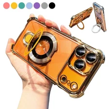 For iPhone 17 Pro Max 16 15 14 13 12 Plating Mag Safe Ring Stand TPU Clear Case