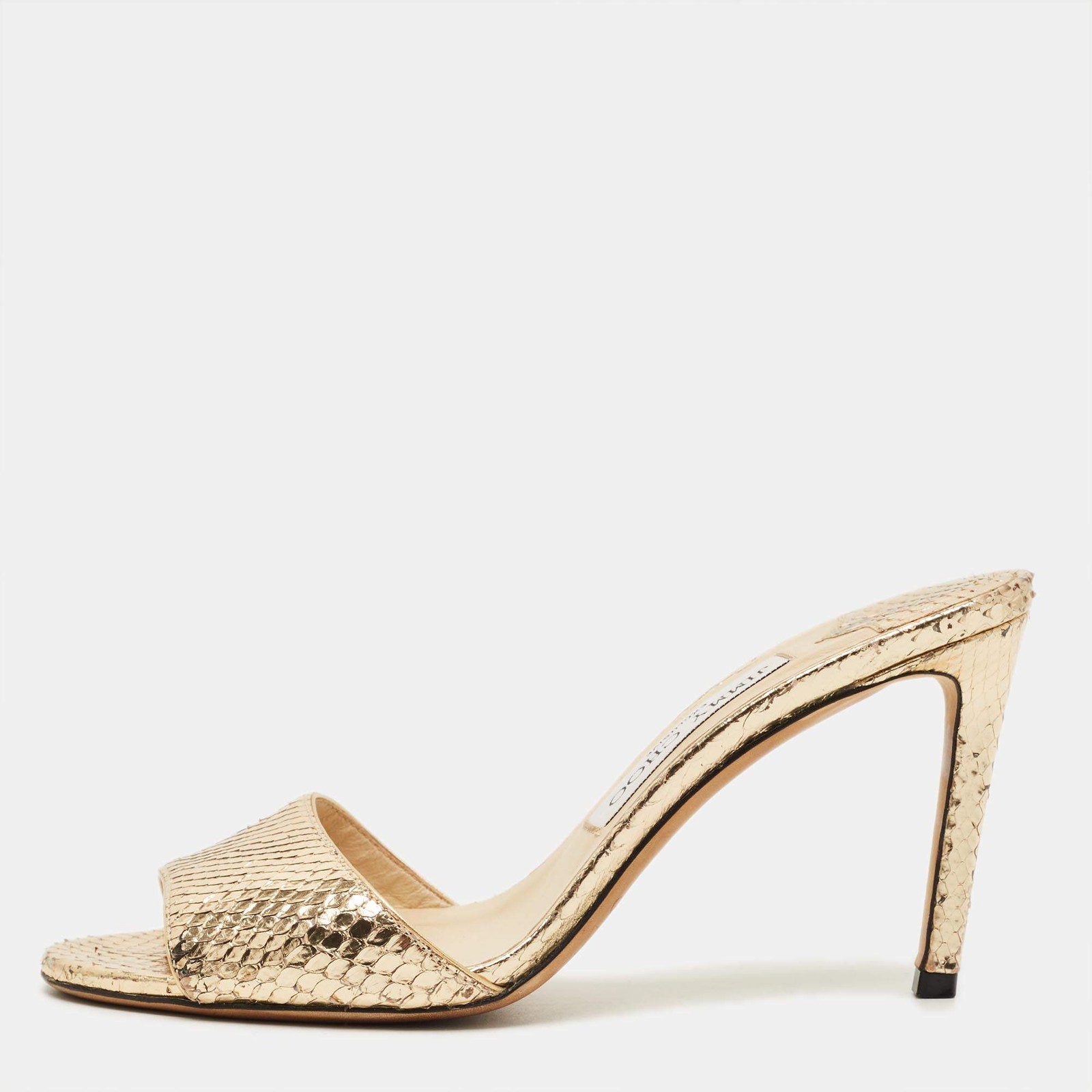 Jimmy Choo Stacey Size 37 Gold Snakeskin Embossed Leather Slide Sandals