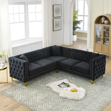 82" Velvet Corner Sofa, L-Shaped Sectional 5-Seater Corner Sofas with 3 Cushions