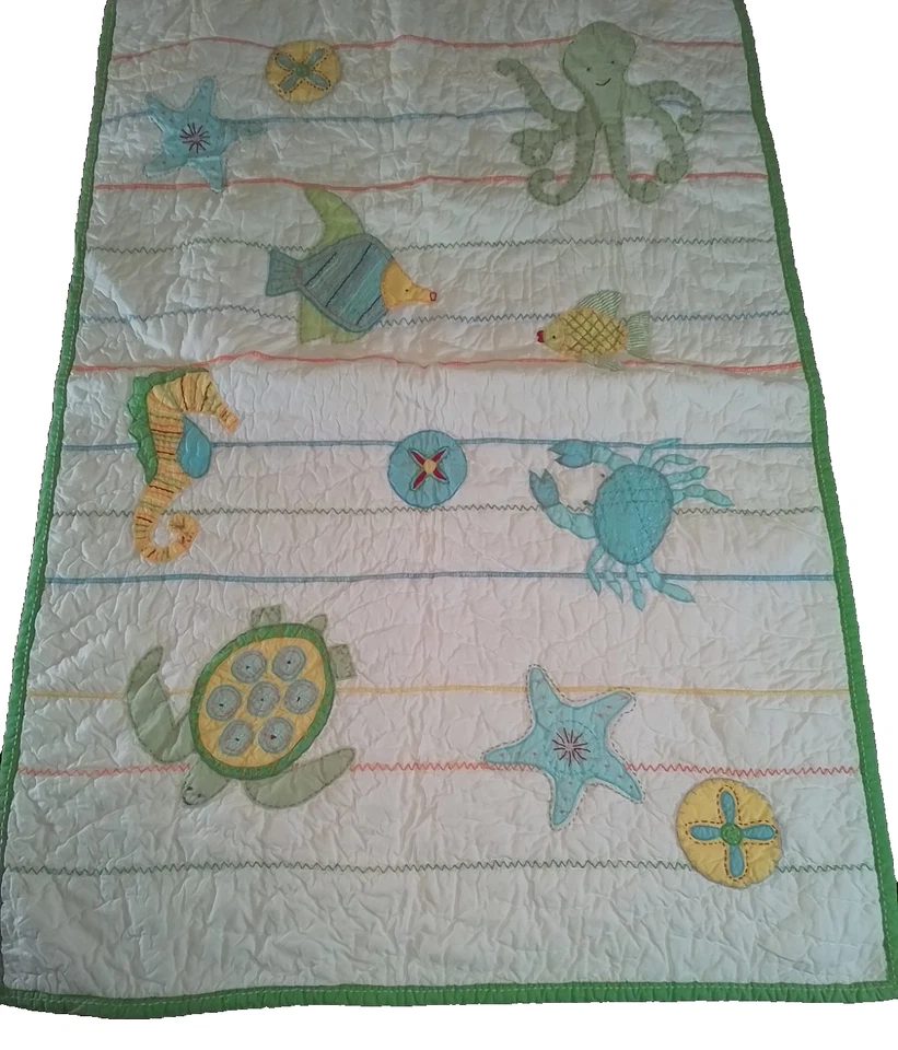Pottery Barn Kids Ocean Critters Crib Quilt Sea Life Turtle Fish Crab Seahorse - Image 2 of 4
