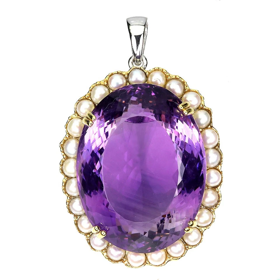 925 Pendente Argento Sterling Ovale Ametista 79ct Perla Fatto a Mano Gemma Gioie - Immagine 2 di 4