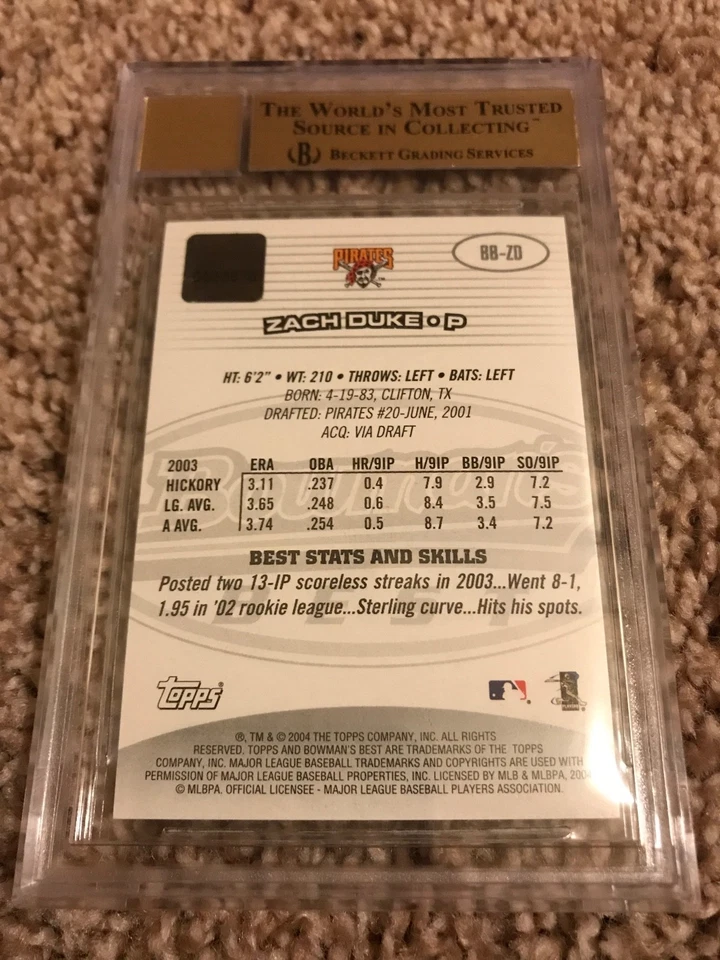 Zach Duke 2004 Bowman's Best Rookie Card- BGS 9.5- BGS 10 AUTO- Pirates - Image 2 of 2