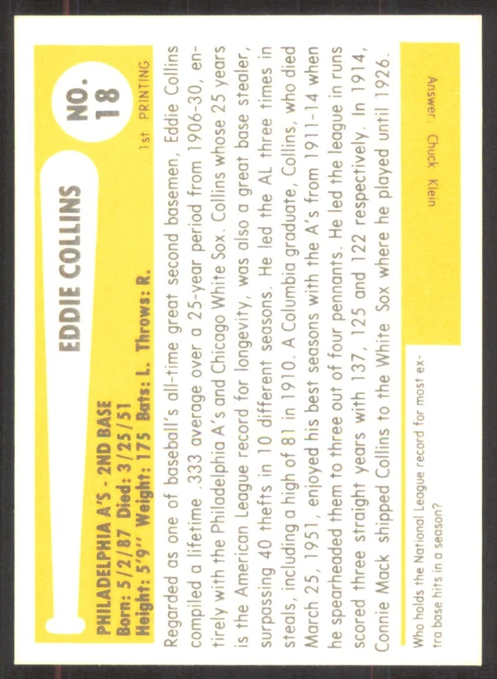 1980 SSPC Baseball Immortals 1st Printing Eddie Collins #18 - Image 2 of 2