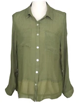 Elementz Top Women's Petites size Large Button Down Olive Green MSRP $40 NEW 