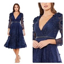 Mac Duggal 67809 Midnight Lace Beaded Floral Midi Cocktail Dress