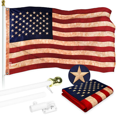 Combo: 6 Ft Flagpole White & USA Tea Stained Flag 3x5 Ft Embroidered 420D Poly