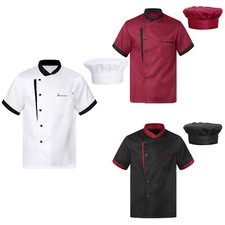Men Women Short Sleeve Chef Coat Cook Jacket Hotel Home Kitchen Uniform with Hat
