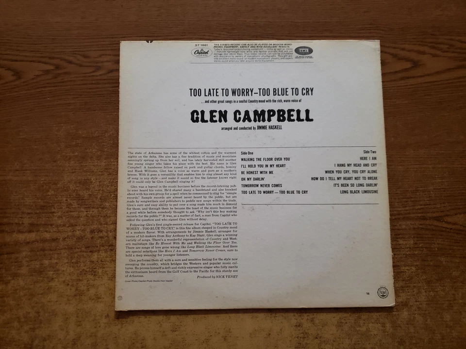 1968 MINT-EXC  Glen Campbell ?– Too Late To Worry-Too Blue To Cry 1881 LP33 - Image 2 of 4