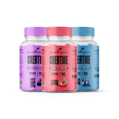 ELITE VITALITY Creatine Gummies 5000mg Max Strength 90 Gummies - Sugar free, Vegan - 3 Flavours