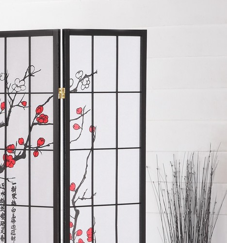 Black Japanese 4-Panel Screen Room Divider, Plum Blossom - Picture 5 of 5