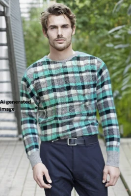 Pull Homme En Laine Mohair Vert Gris Carreaux Pull Vintage - Photo 1/4