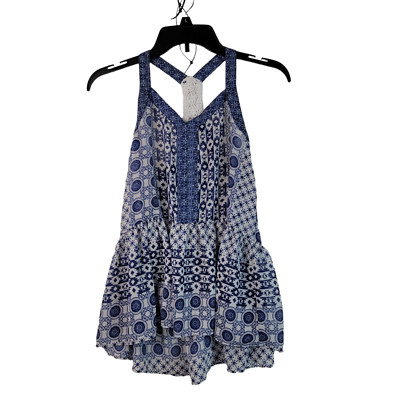Red Camel Womens Blue White Geometric Sleeveless Top Racerback Crochet Size XS