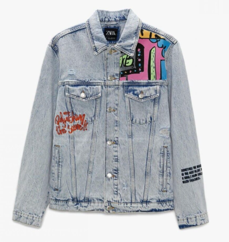 ZARA Man Graffiti Grunge Printed Denim Jacket Blue 1466/455 Size M NEW With TAGS - Picture 1 of 12