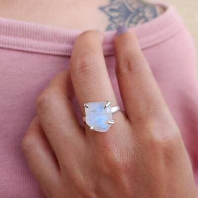 Raw Moonstone Genuine 925 Sterling Silver Boho Ring Hand Made Ships From USA