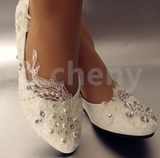 su.cheny -Lace white ivory crystal flats low high heel pump Wedding Bridal shoes