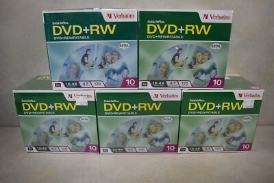 5 VERBATIM DVD+RW 10 PACKS in JEWEL CASES- 50 DVD-RW IN ALL NEW/SEALED