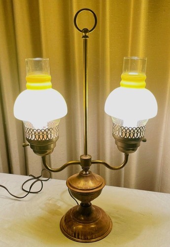 Vintage Double Arm Brass Student Lamp w/ Yellow Glass Shades - Picture 7 of 7