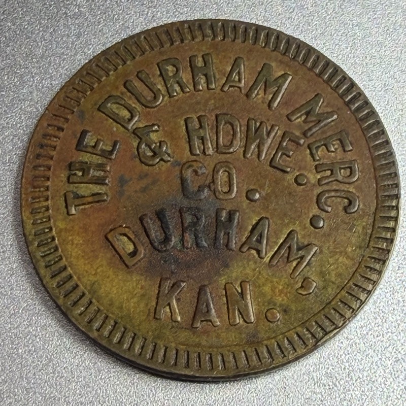 Kansas, Durham Mercantile & Hardware Brass Good For 10¢ Merchandise Token 121156