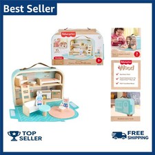 Wood Pretend Play Toy Dollhouse Carry Along, 15-Piece Wooden Portable Playset...