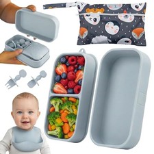 Baby Travel Essentials 6 Pc Silicone Feeding Set - Portable Toddler Plates Gray