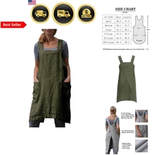 Cotton Linen Apron Cross Back Pinafore Dress for Women with Pockets Kitchen B...