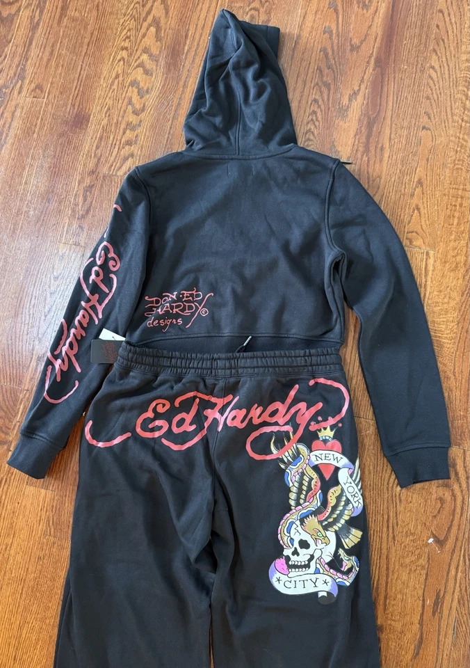 NUEVO CON ETIQUETAS ED HARDY Conjunto de 2 Pantalones con Capucha para Mujer XL Negro Calavera Tatuaje Y2K Recortado Foto 2 de 4