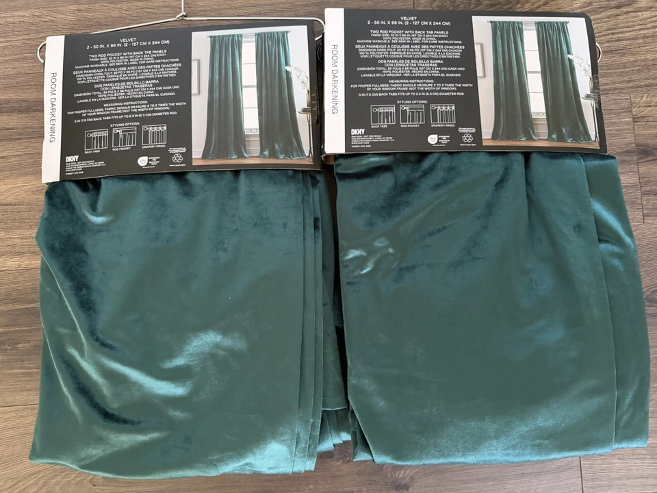Nuevo juego de 4 cortinas de terciopelo DKNY Luster 50" x 96" ~ verde azulado oscuro~ Foto 2 de 4