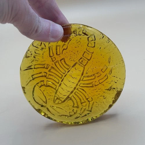 Vintage Blenko Glass Zodiac Scorpio Scorpion Paperweight in Wheat or Topaz GLOWS