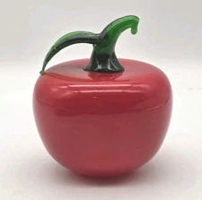 Murano Style Hand Blown Glass Red Apple with Green Stem and Leaf 4.5"x 3.75" VTG