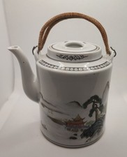 Antique Teapot Chinese Painted Porcelain Vintage Paesaggio Branded